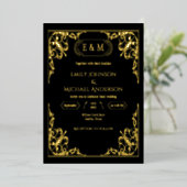 Elegant Gold Foil Ornate Monogram Black  Wedding  箔招待状 (立ち正面)