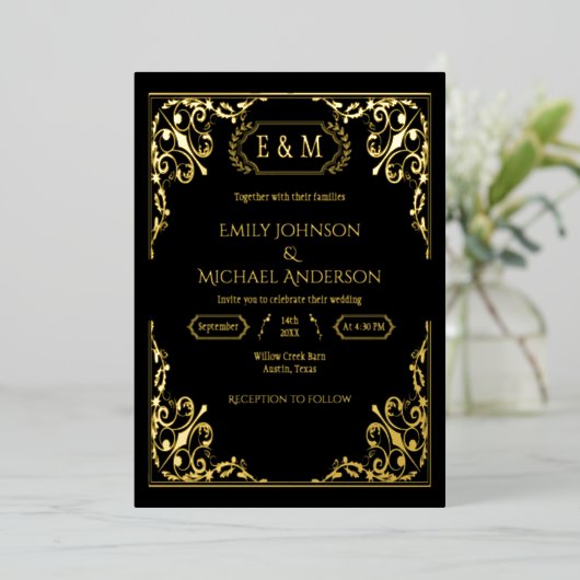 Elegant Gold Foil Ornate Monogram Black  Wedding  箔招待状 (立ち正面)