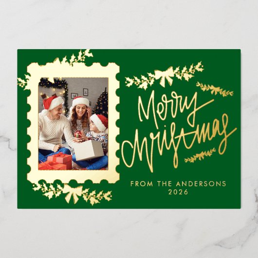 Elegant Gold Foil Postage Stamp Merry Christmas 箔シーズンカード (正面)