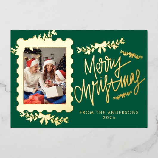 Elegant Gold Foil Postage Stamp Merry Christmas 箔シーズンカード (正面)