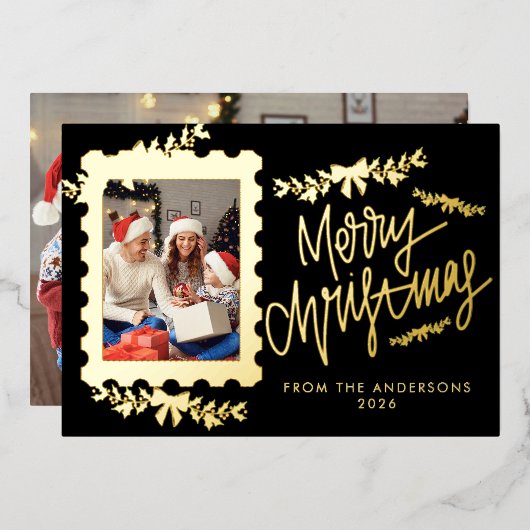 Elegant Gold Foil Postage Stamp Merry Christmas 箔シーズンカード (正面/裏面)