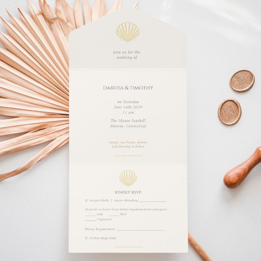 Elegant Gold foil Seashell Wedding  オールインワン招待状