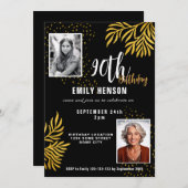  Elegant Gold Foliage 2 Photo 90th Birthday Party  招待状 (正面/裏面)