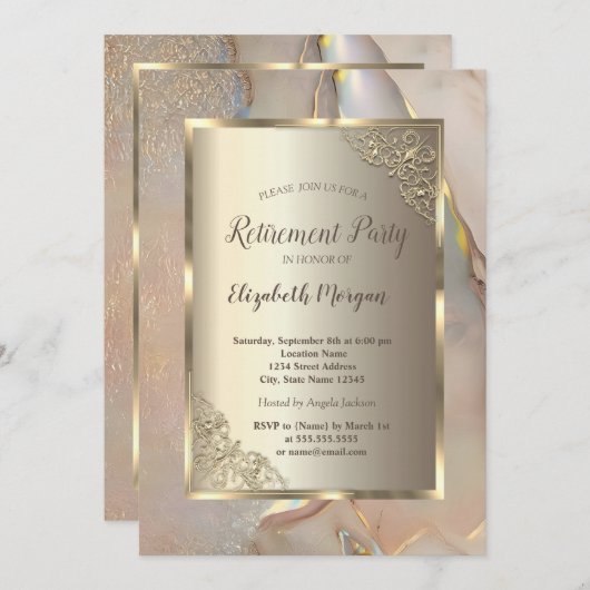 Elegant Gold Frame,Blush Pink Marble Retirement 招待状 (正面/裏面)