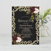 Elegant Gold Frame Burgundy Roses Black Retirement 招待状 (スタンド正面)