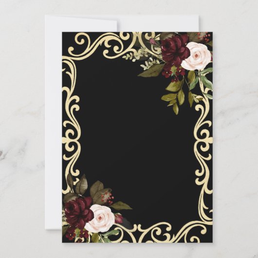 Elegant Gold Frame Burgundy Roses Black Retirement 招待状 (裏面)
