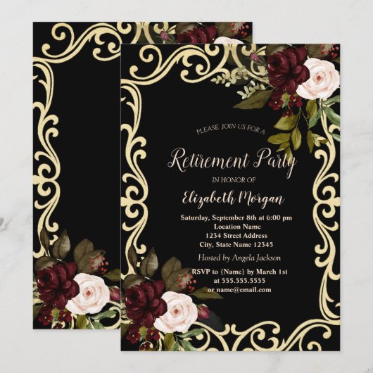 Elegant Gold Frame Burgundy Roses Black Retirement 招待状 (正面/裏面)