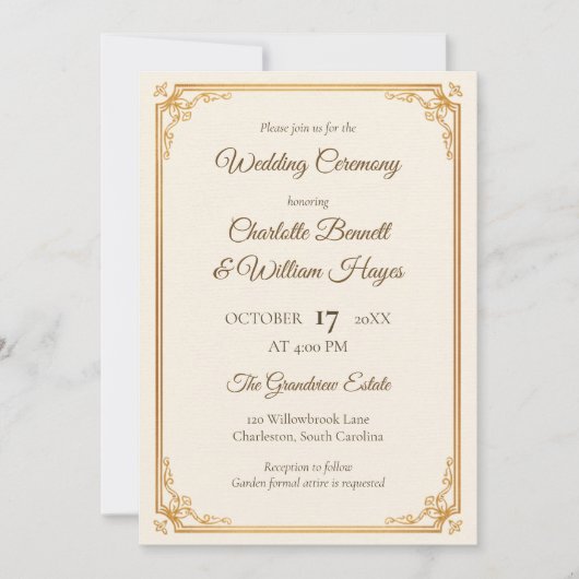 Elegant Gold Frame Classic Wedding Invitation 招待状 (正面)