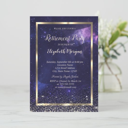 Elegant Gold Frame Confetti Cool Purple Retirement 招待状 (スタンド正面)