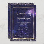 Elegant Gold Frame Confetti Cool Purple Retirement 招待状 (正面/裏面)