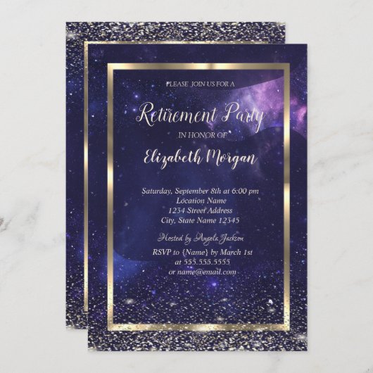 Elegant Gold Frame Confetti Cool Purple Retirement 招待状 (正面/裏面)