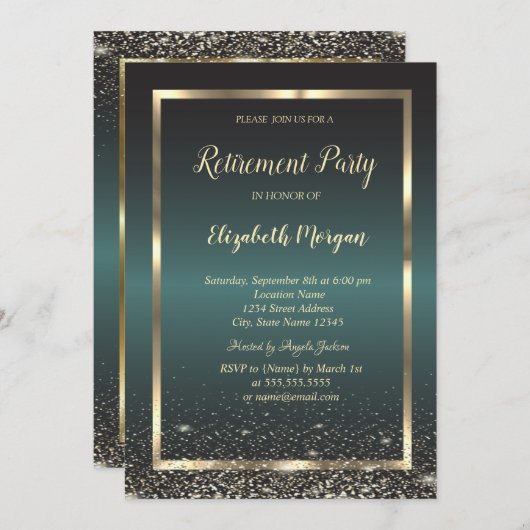 Elegant Gold Frame Confetti Dark Green Retirement 招待状 (正面/裏面)