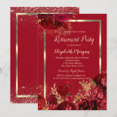 Elegant Gold Frame Confetti Red Roses Retirement 招待状 (正面/裏面)