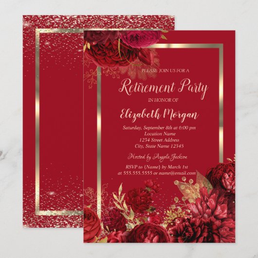 Elegant Gold Frame Confetti Red Roses Retirement 招待状 (正面/裏面)