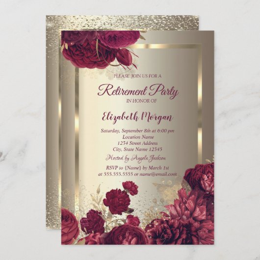 Elegant Gold Frame Confetti Roses Gold Retirement  招待状 (正面/裏面)