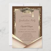 Elegant Gold Frame Diamonds Brown Graduation 招待状 (正面)
