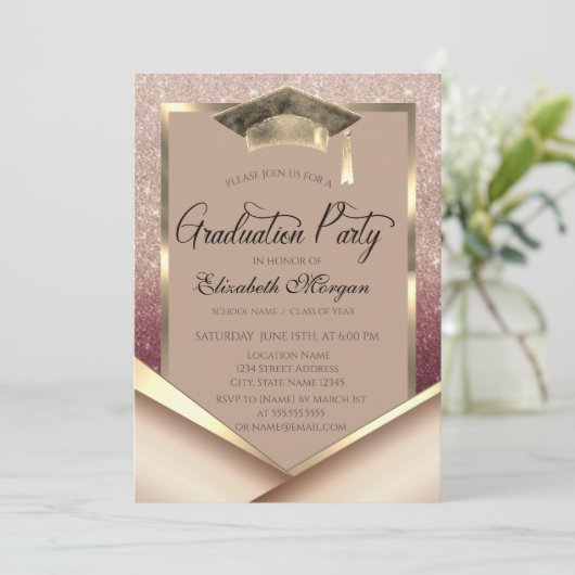 Elegant Gold Frame Diamonds Glitter Graduation 招待状 (スタンド正面)