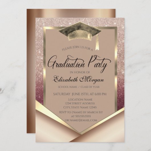 Elegant Gold Frame Diamonds Glitter Graduation 招待状 (正面/裏面)