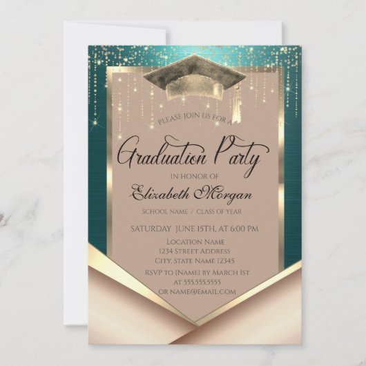 Elegant Gold Frame Diamonds Green Graduation 招待状 (正面)