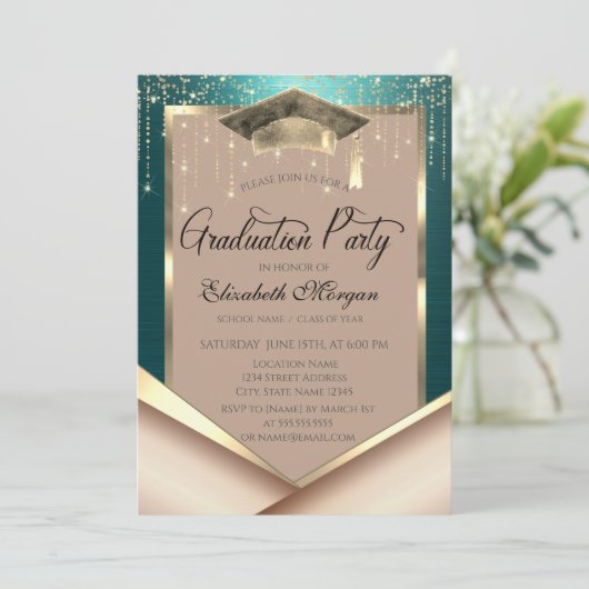 Elegant Gold Frame Diamonds Green Graduation 招待状 (スタンド正面)