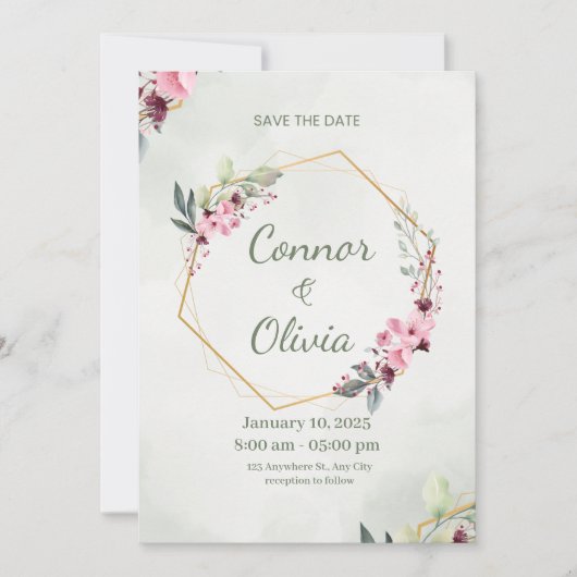 Elegant Gold Frame Floral Save The Date Card セーブザデート (正面)