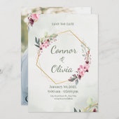 Elegant Gold Frame Floral Save The Date Card セーブザデート (正面/裏面)