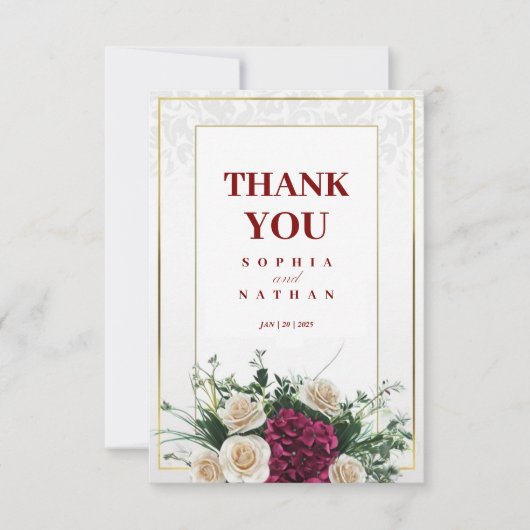 Elegant Gold Frame Floral Wedding Thank You Card サンキューカード (正面)