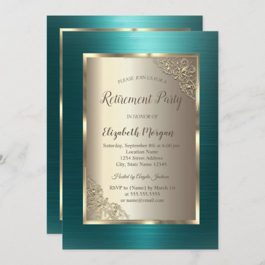 Elegant Gold Frame Green Metallic Retirement  招待状 (正面/裏面)