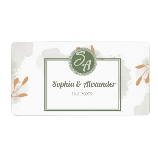 Elegant Gold Frame & Greenery Floral Wedding  ラベル (正面)