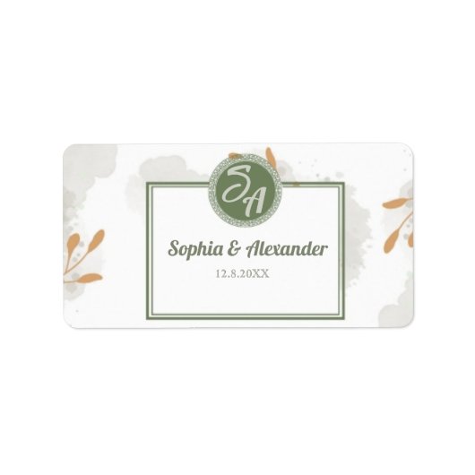 Elegant Gold Frame & Greenery Floral Wedding  ラベル (正面)