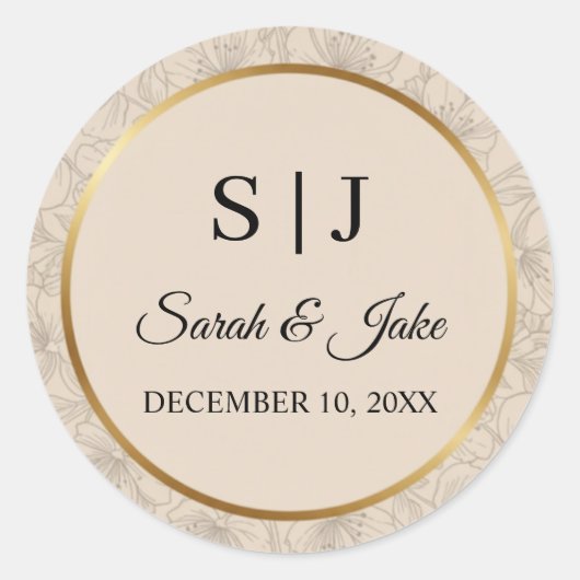 Elegant Gold Frame Personalized Wedding Monogram ラウンドシール (正面)
