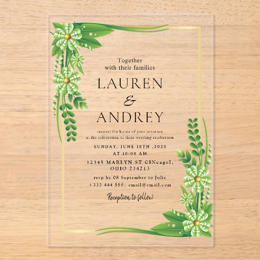 Elegant Gold Frame Wedding  アクリル招待状 (正面)