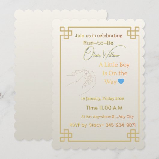Elegant Gold Geometric Baby Shower 招待状 | Mi (正面/裏面)