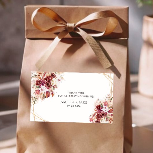 Elegant Gold Geometric Burgundy Floral Wedding  長方形シール