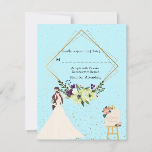 Elegant Gold Geometric Dusty Blue RSVP Card (正面)