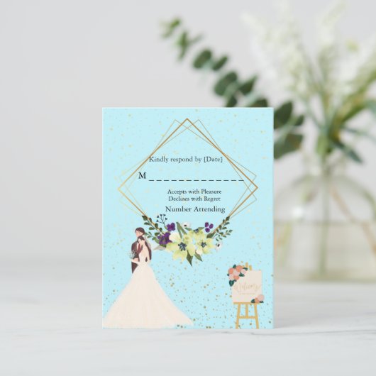 Elegant Gold Geometric Dusty Blue RSVP Card (スタンド正面)
