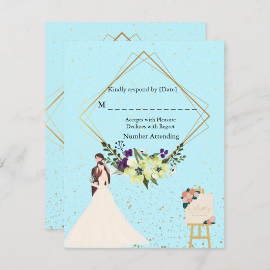 Elegant Gold Geometric Dusty Blue RSVP Card (正面/裏面)