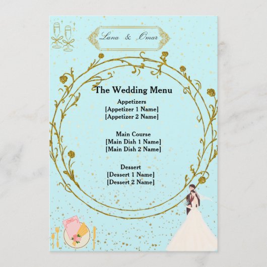 Elegant Gold Geometric Dusty Blue Wedding Menu  メニュー (正面)