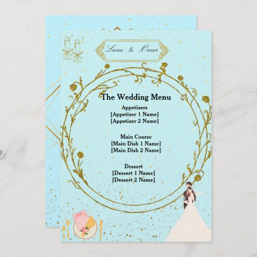 Elegant Gold Geometric Dusty Blue Wedding Menu  メニュー (正面/裏面)