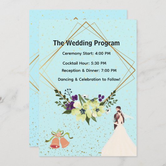 Elegant Gold Geometric Dusty Blue Wedding Program  プログラム (正面/裏面)