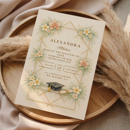 Elegant Gold Geometric Floral Graduation Celebrati 招待状