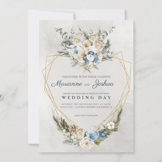 Elegant Gold Geometric Heart Wedding Invitation 招待状 (正面)