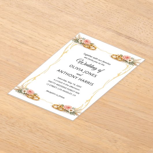 Elegant Gold Geometric Rustic Floral Wedding  アクリル招待状 (レイダウン)