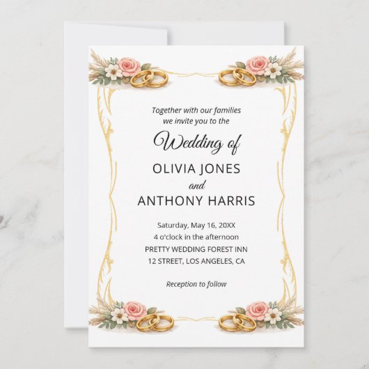 Elegant Gold Geometric Rustic Floral Wedding  招待状 (正面)