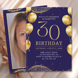 Elegant Gold Glitter Birthday 30th with Balloons 招待状