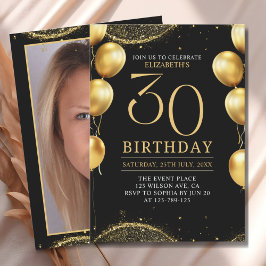 Elegant Gold Glitter Birthday 30th with Balloons 招待状
