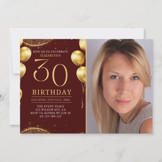 Elegant Gold Glitter Birthday 30th With Photo 招待状 (正面)