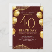 Elegant Gold Glitter Birthday 40th with Balloons 招待状 (正面)
