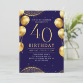 Elegant Gold Glitter Birthday 40th with Balloons 招待状 (スタンド正面)