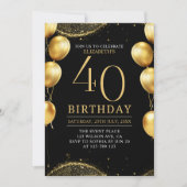 Elegant Gold Glitter Birthday 40th with Balloons 招待状 (正面)